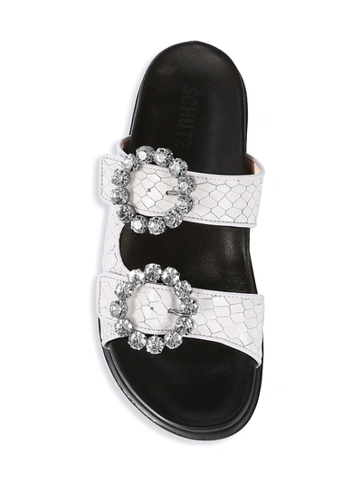 Shop Schutz Ariel Crystal-embellished Snakeskin-embossed Leather Slides In White