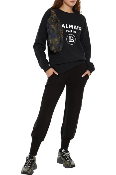 Shop Balmain Flocked Cotton-fleece Sweatshirt In Black
