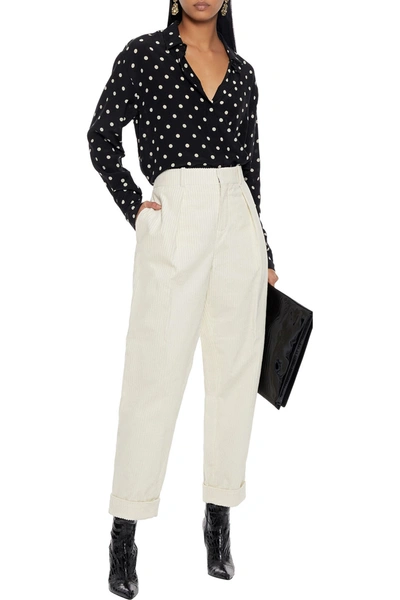 Shop Saint Laurent Cropped Pleated Cotton-corduroy Tapered Pants In White