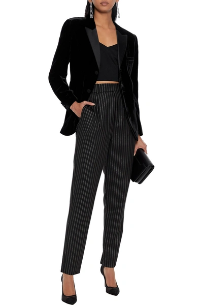 Shop Saint Laurent Metallic Pinstriped Wool-blend Twill Tapered Pants In Black