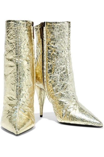 Shop Saint Laurent Lou 100 Crinkled Faux Mirrored-leather Ankle Boots In Gold