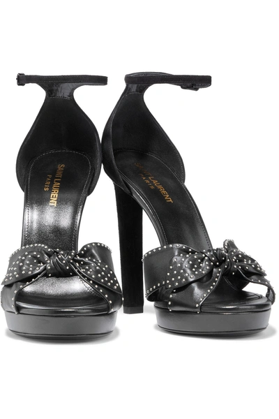Shop Saint Laurent Bow-embellished Studded Leather And Suede Platform Sandals In Black