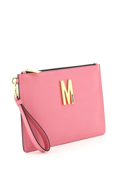 Shop Moschino Leather Pouch With Monogram In Pink