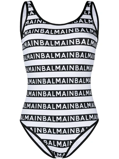 Shop Balmain Logo Pattern Swimsuit In White ,black
