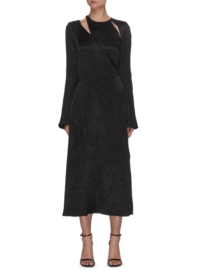 Shop 16arlington 'ursinia' Cut Out Shoulder Asymmetric Tier Crinkle Satin Midi Dress In Black