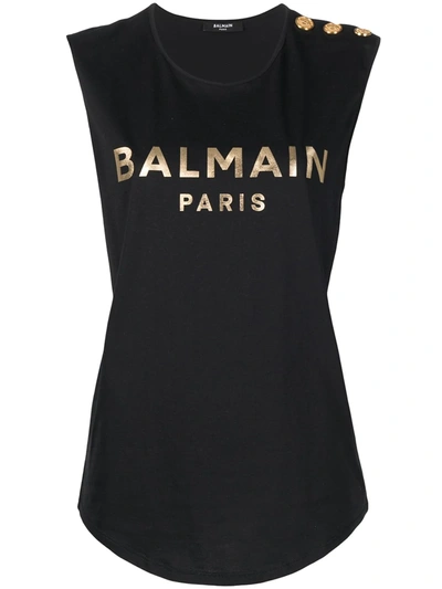 Shop Balmain Logo-print Cotton Tank Top In Black