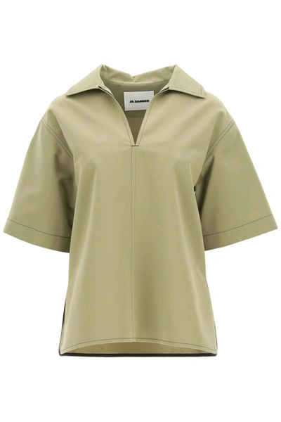 Shop Jil Sander Tunic Blouse In Cotton And Silk In Medium Green (khaki)