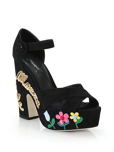 Shop Dolce & Gabbana Mamma Bella Sequined Suede Sandals In Black