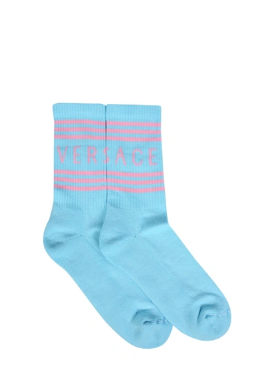 Shop Versace Socks With Logo In Celeste
