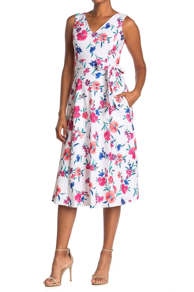 Shop Calvin Klein Floral Tie Waist Midi Dress In Porcelain Rose Multi