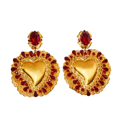 Pre-owned Dolce & Gabbana Red Crystal Sacred Heart Drop Clip On Earrings In Gold