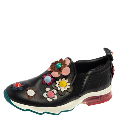 Pre-owned Fendi Black Leather Flower-embellished Sneakers Size 38