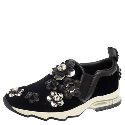 Pre-owned Fendi Black Velvet And Leather Trim Flowerland Slip On Sneakers Size 38