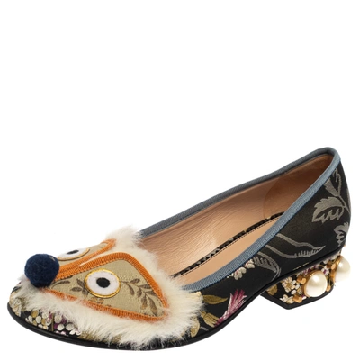 Pre-owned Gucci Multicolor Jacquard Fabric Pearl Embellished Flats Size 37