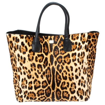 Pre-owned Dolce & Gabbana Black/brown Leopard Print Calf Hair And Leather Open Tote