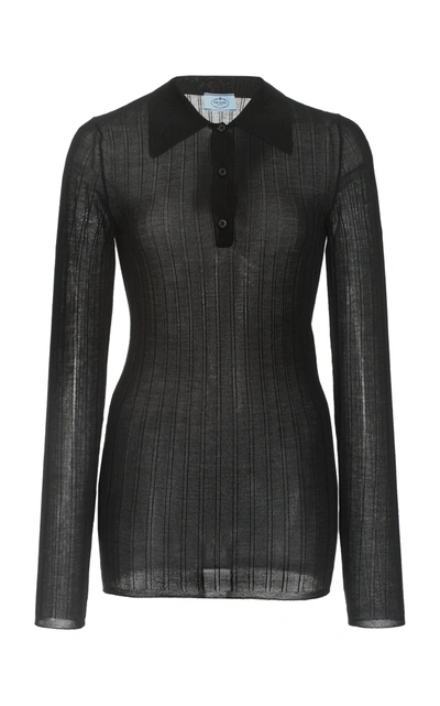 Shop Prada Ribbed Cashmere-silk Polo Top In Black