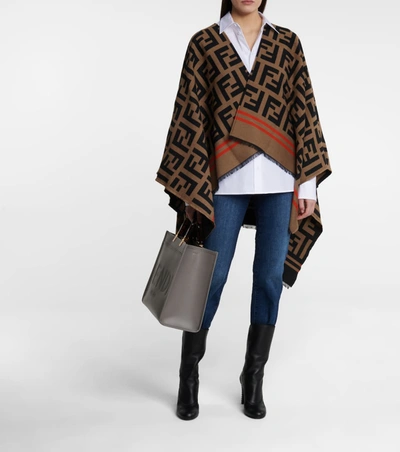 Shop Fendi Ff Jacquard Wool And Silk Cape In Brown