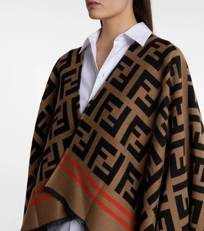 Shop Fendi Ff Jacquard Wool And Silk Cape In Brown