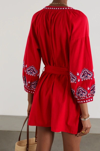 Shop Melissa Odabash Tania Belted Embroidered Cotton And Linen-blend Kaftan In Red