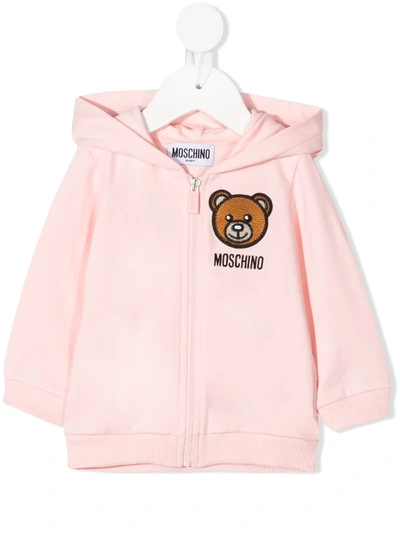 Shop Moschino Teddy Bear Zipped Hoodie In Pink