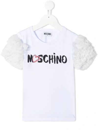 Shop Moschino Tulle Ruffle-sleeve T-shirt In White