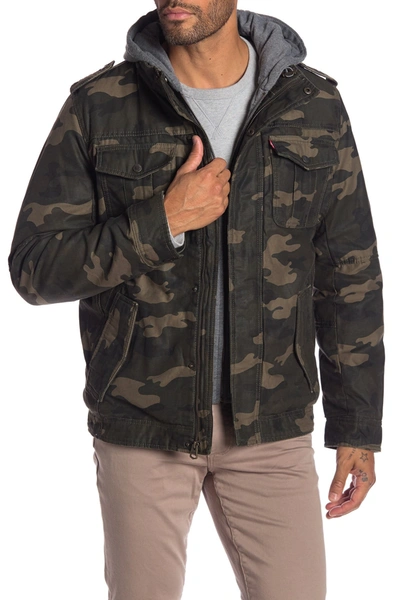 Shop Levi's Washed Cotton Faux Shearling Lined Hooded Military Jacket In Camouflage