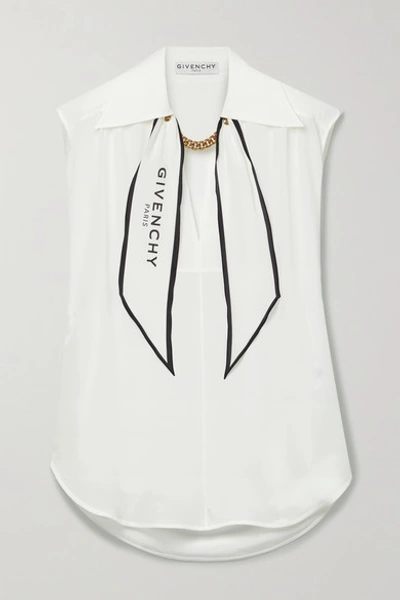 Shop Givenchy Chain-embellished Tie-neck Silk Crepe De Chine Blouse In White