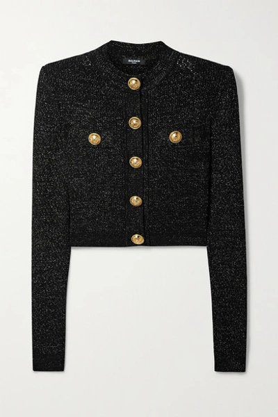 Shop Balmain Button-embellished Metallic Jacquard-knit Cardigan In Black