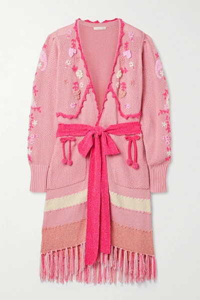 Shop Loveshackfancy Camden Fringed Embroidered Knitted Cardigan In Blush