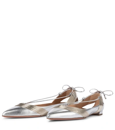 Shop Aquazzura Ari Metallic Leather Ballet Flats In Silver