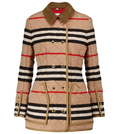 Shop Burberry Icon Stripe Quilted Wool Jacket In Brown