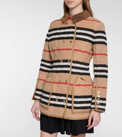 Shop Burberry Icon Stripe Quilted Wool Jacket In Brown
