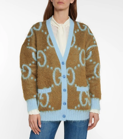 Shop Gucci Gg Reversible Mohair-blend Cardigan In Brown