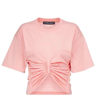 Shop Y/project Ruched Cropped Cotton-jersey T-shirt In Pink