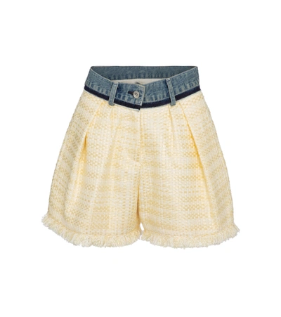 Shop Sacai Denim-trimmed Tweed Shorts In White