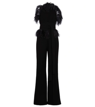 Shop Elie Saab Feather-trimmed Crêpe Jumpsuit In Black