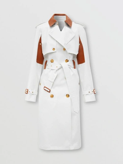 Shop Burberry Leather Panel Cotton Canvas Trench Coat In Natural
