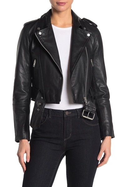 Shop Avec Les Filles Leather Belted Cropped Biker Jacket In Black