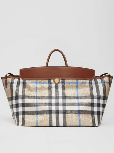 Shop Burberry Woven Check And Leather Society Holdall In Dusty Sand