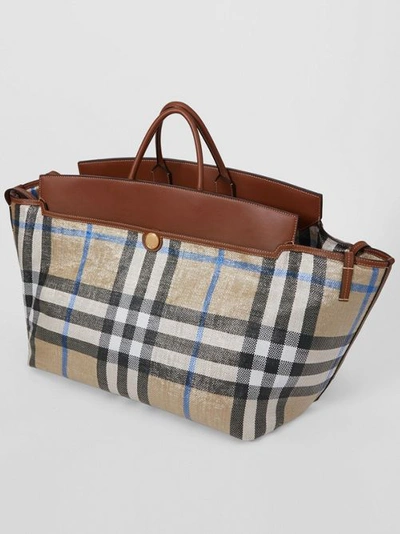 Shop Burberry Woven Check And Leather Society Holdall In Dusty Sand