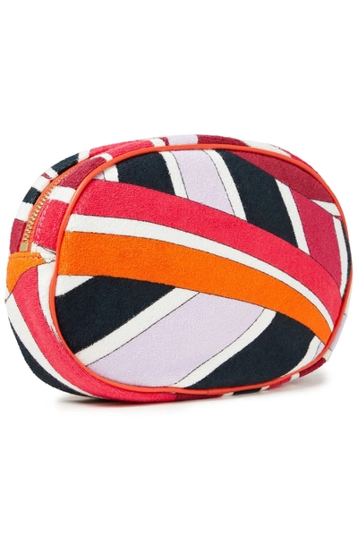Shop Emilio Pucci Leather-trimmed Printed Cotton-blend Terry Cosmetics Case In Bright Orange