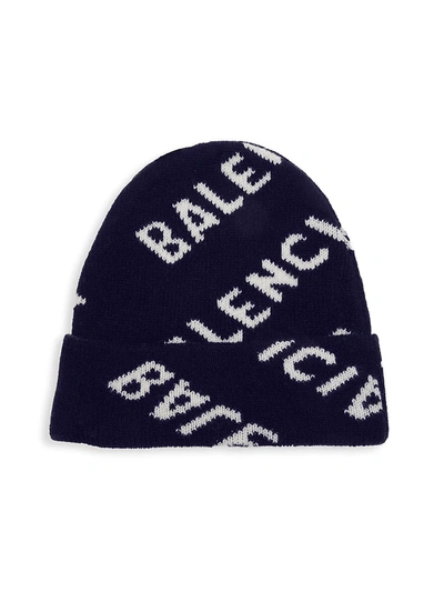 Shop Balenciaga Logo Beanie In Navy
