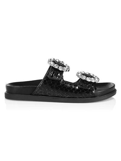 Shop Schutz Ariel Crystal-embellished Snakeskin-embossed Leather Slides In Black