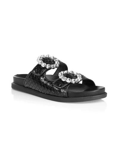 Shop Schutz Ariel Crystal-embellished Snakeskin-embossed Leather Slides In Black