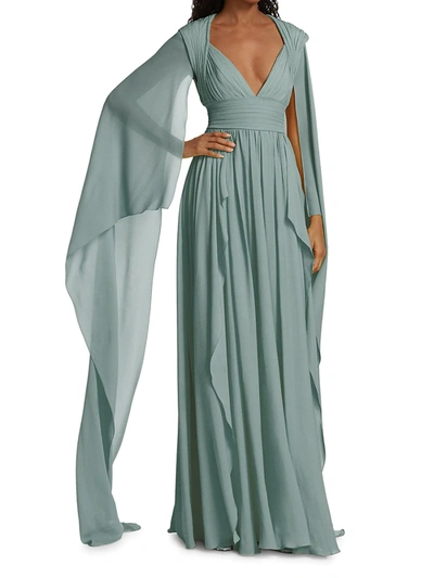 Shop Elie Saab Silk Chiffon Cape Sleeve Gown In Celadon Blue