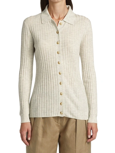 Shop Loulou Studio Button Down Wool & Cashmere Polo In Light Grey Melange