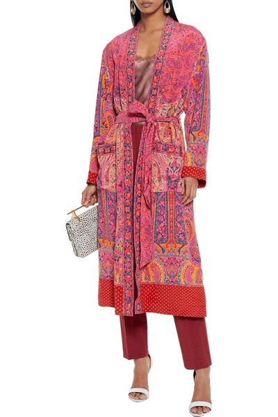 Shop Etro Belted Printed Silk-crepe Kimono In Multicolor