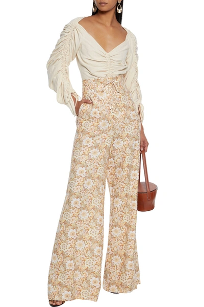 Shop Zimmermann Zippy Lace-up Floral-print Linen Wide-leg Pants In Camel