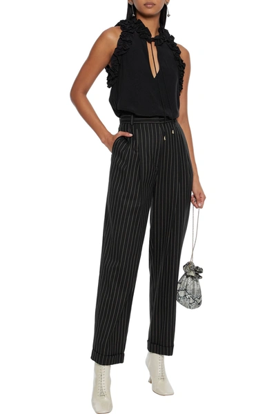 Shop Zimmermann Espionage Pleated Pinstriped Wool-twill Tapered Pants In Black