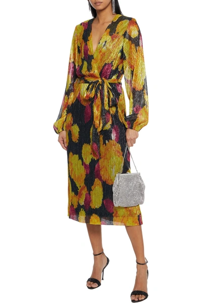 Shop Rebecca Vallance Belladonna Wrap-effect Metallic Printed Plissé-jersey Midi Dress In Multicolor